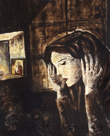 “Μάνα Καλαβρυτινή”, ελαιογραφία. Έργο της ζωγράφου Αγλαΐας Κυριακοπούλου-Κανελλοπούλου. Φιλοτεχνήθηκε το έτος 1985.